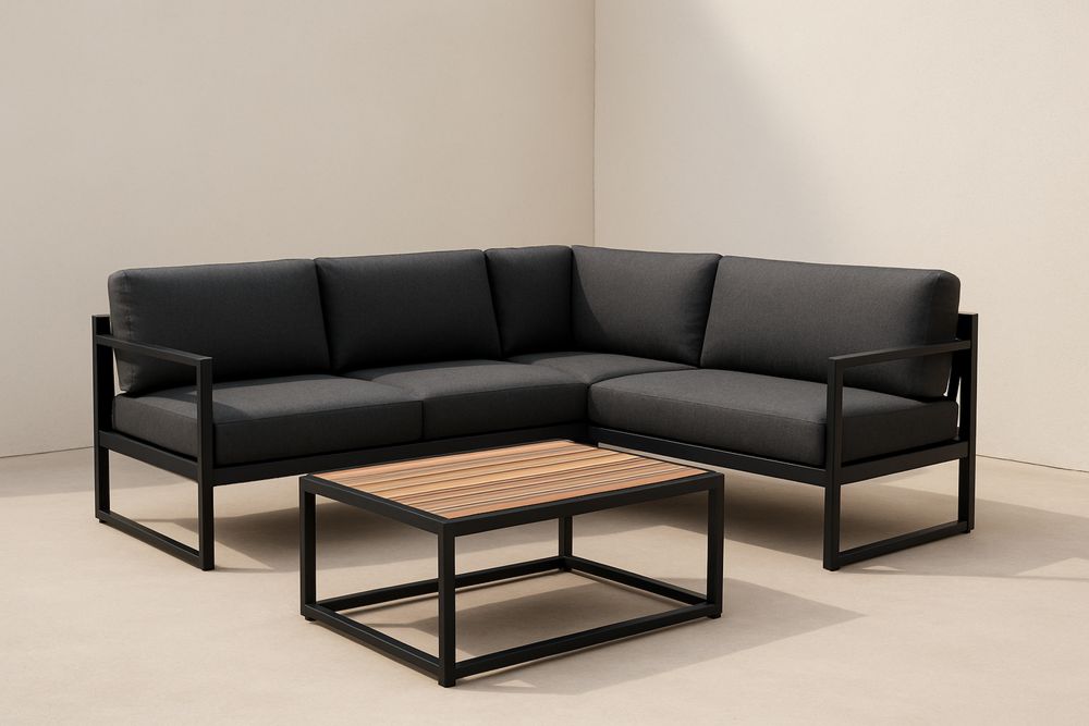 Set divano angolare da esterno in metallo e tessuto grigio con tavolino in legno