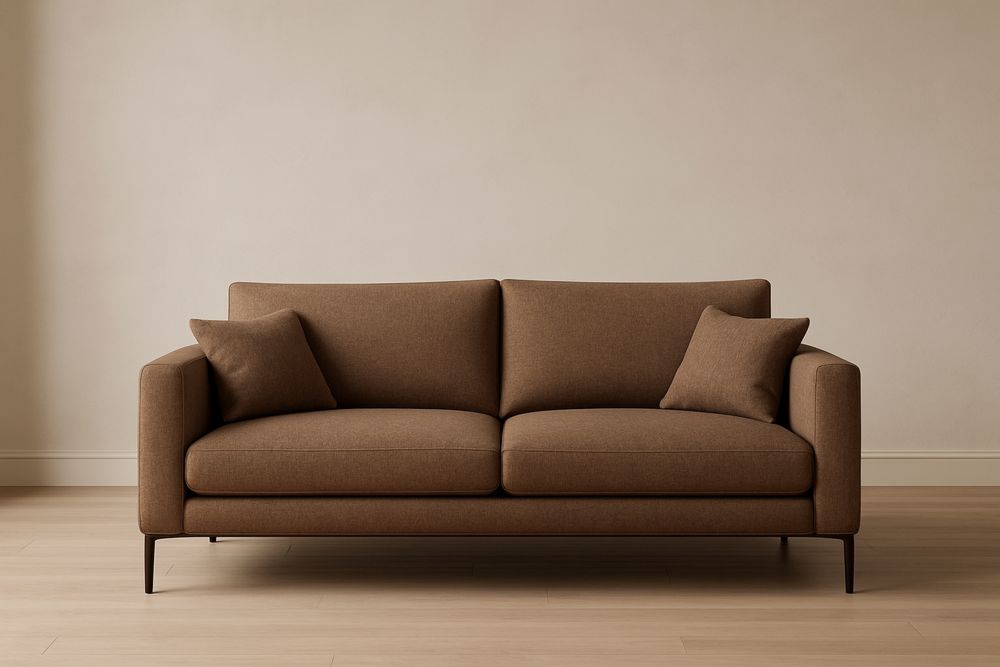 Divano due posti in tessuto marrone con cuscini e piedi in metallo