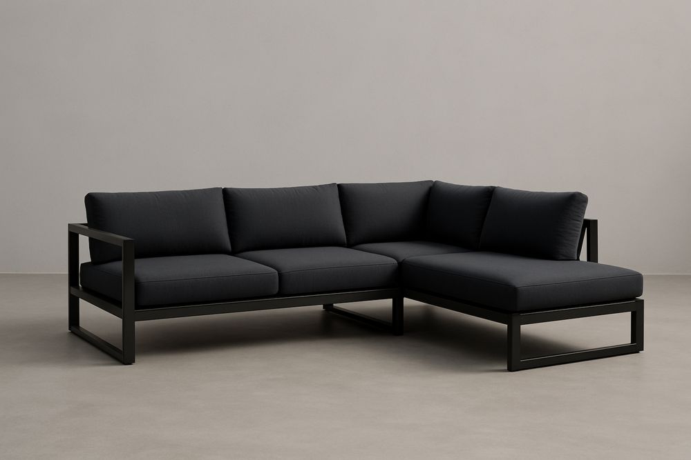 Divano angolare da esterno in alluminio con cuscini in tessuto nero 250×200×75 cm