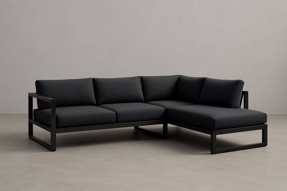 Divano angolare da esterno in alluminio con cuscini in tessuto nero 250×200×75 cm