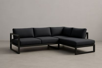Divano angolare da esterno in alluminio con cuscini in tessuto nero 250×200×75 cm