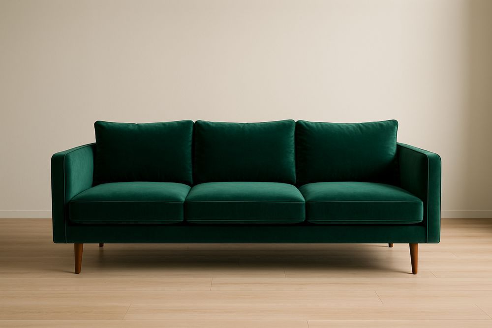 Divano in Velluto Verde a 3 Posti con Gambe in Legno