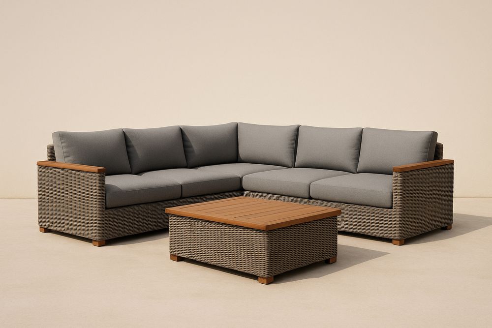 Divano angolare in rattan sintetico con cuscini grigi e tavolino in legno