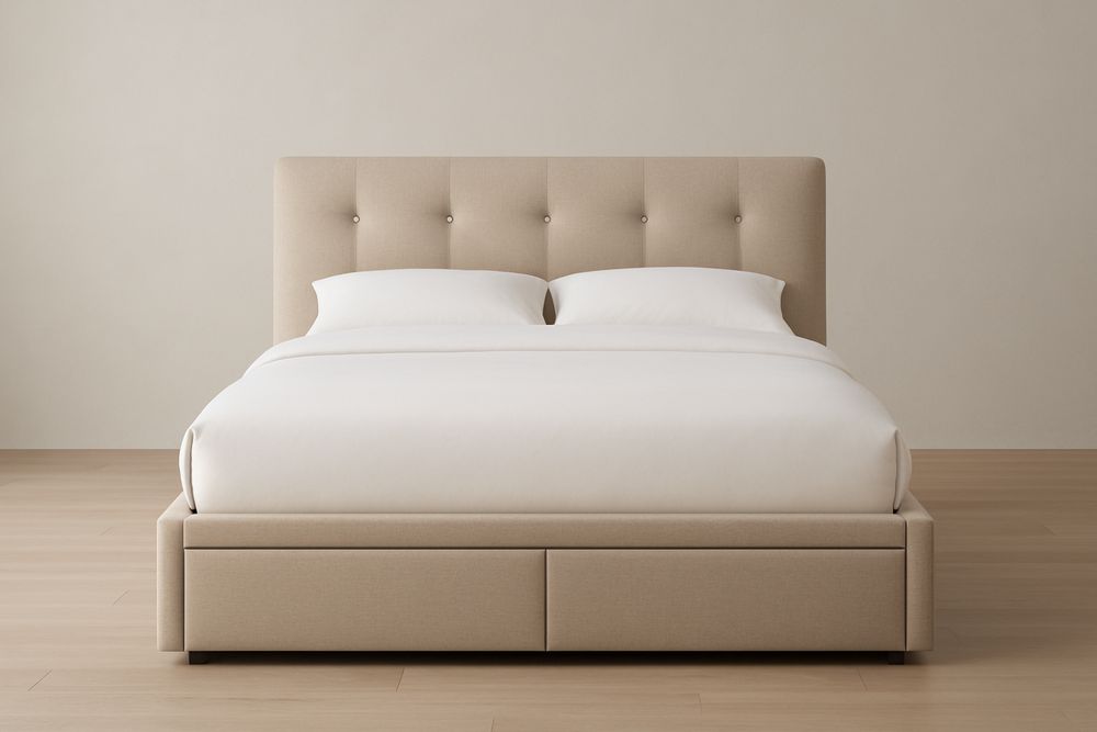 Letto matrimoniale imbottito con cassetti in tessuto beige
