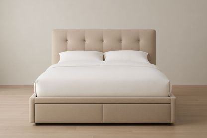 Letto matrimoniale imbottito con cassetti in tessuto beige