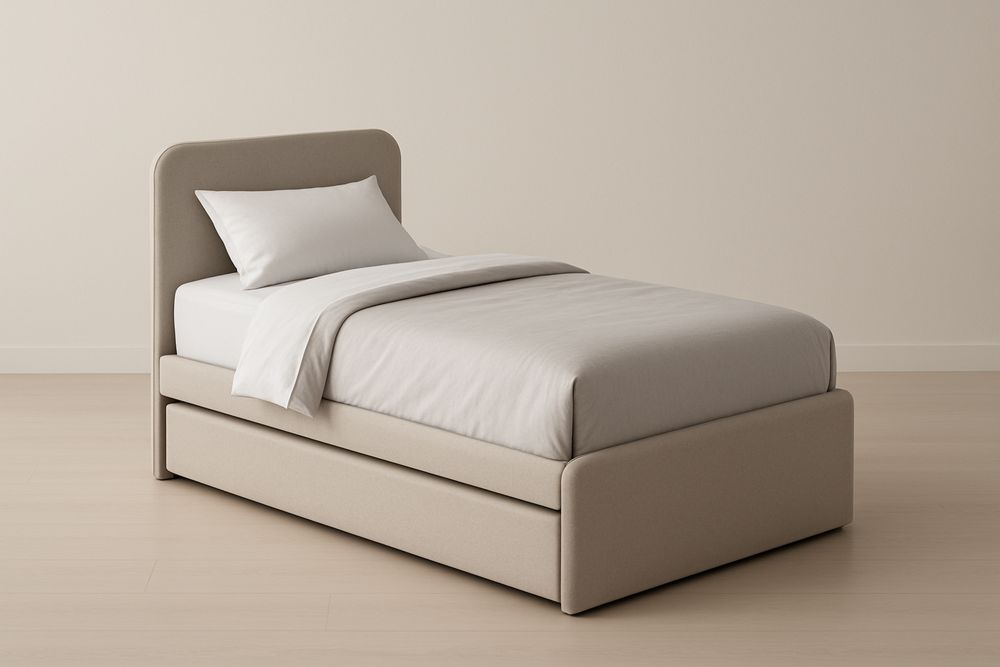 Letto singolo imbottito in tessuto beige con contenitore