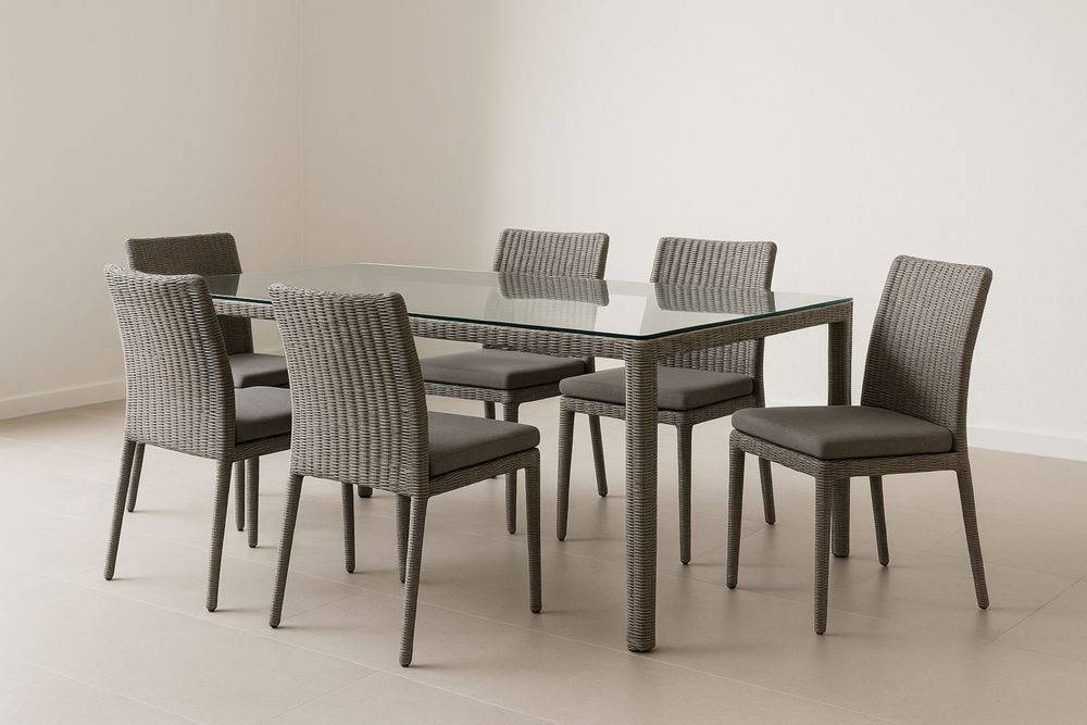 Set da Pranzo in Vetro e Rattan Sintetico Grigio con 6 Sedie