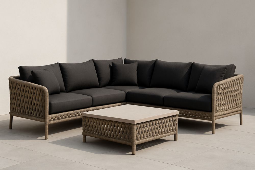 Divano angolare in rattan con cuscini in poliestere nero e tavolino