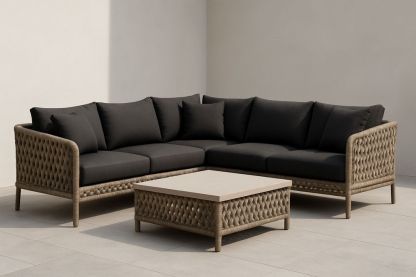 Divano angolare in rattan con cuscini in poliestere nero e tavolino