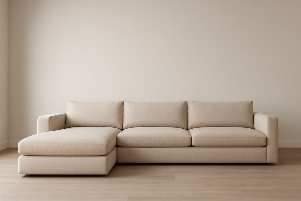 Divano angolare in tessuto poliestere beige con chaise longue