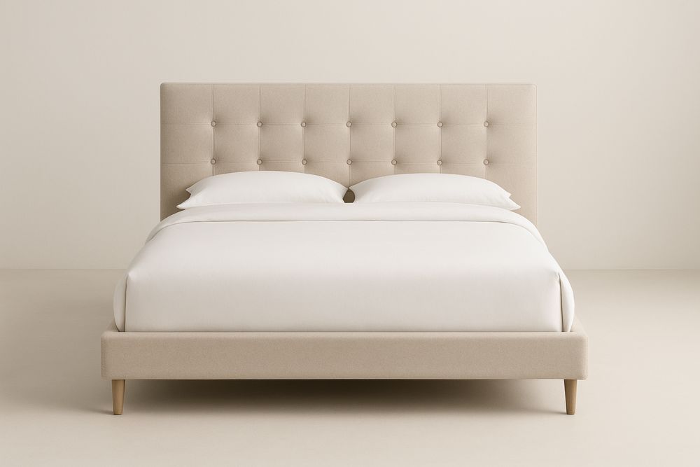 Letto Matrimoniale in Tessuto Beige con Testiera Imbottita