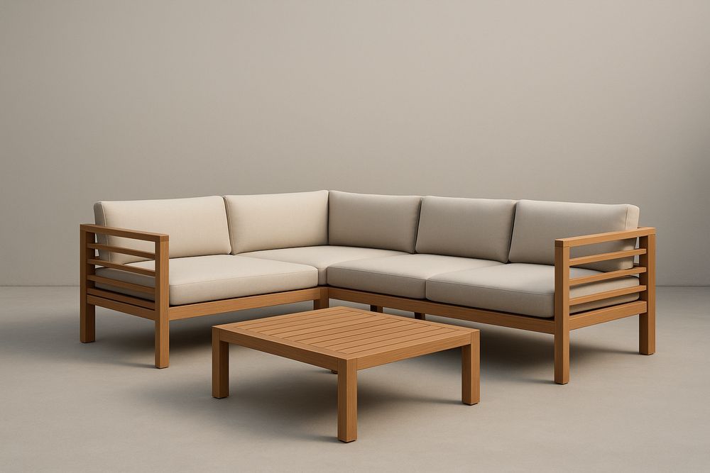 Divano Angolare da Esterno in Legno con Cuscini in Tessuto Beige