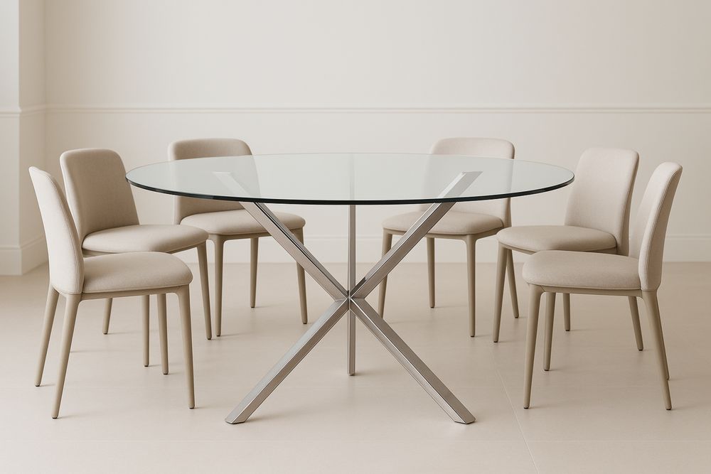 Tavolo da pranzo in vetro temperato con struttura in acciaio e sedie in tessuto beige