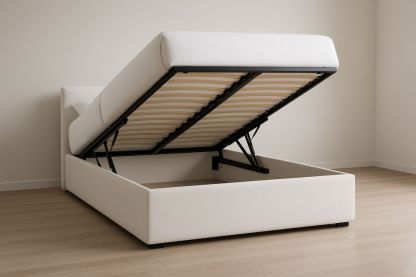 Letto contenitore in tessuto bianco con struttura in metallo