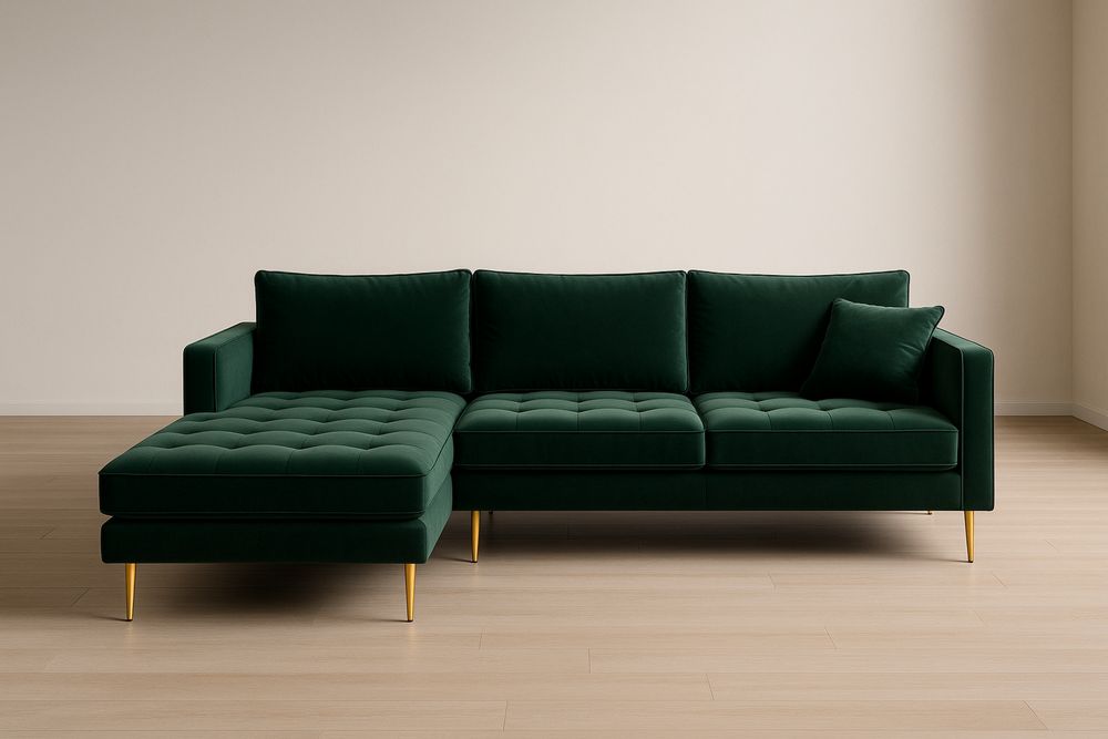 Divano angolare in velluto verde con struttura in metallo 230×150×85 cm
