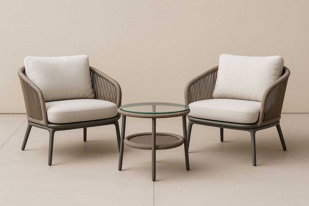 Set da Giardino con 2 Poltrone in Metallo e Tessuto e Tavolino Rotondo in Vetro