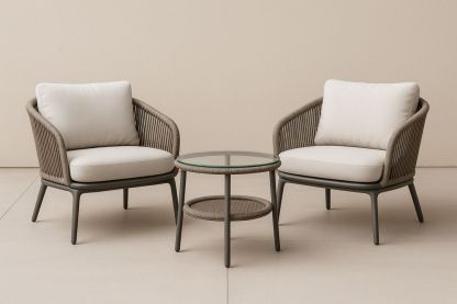 Set da Giardino con 2 Poltrone in Metallo e Tessuto e Tavolino Rotondo in Vetro