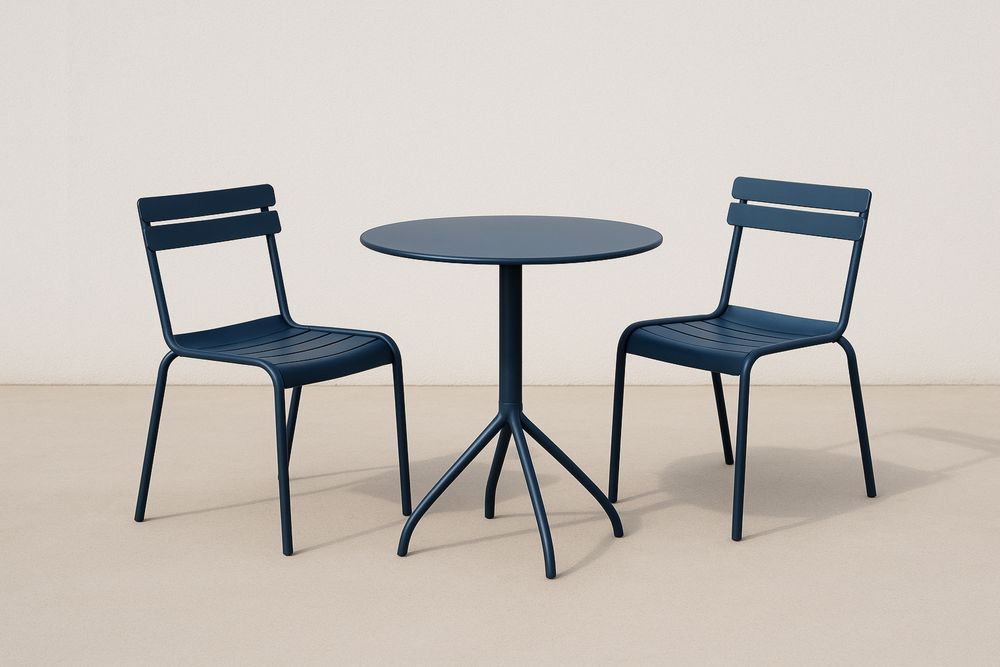 Set tavolo e sedie da esterno in metallo blu, rotondo