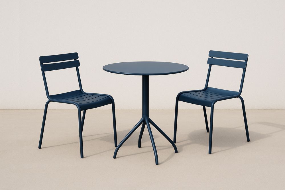 Set tavolo e sedie da esterno in metallo blu, rotondo