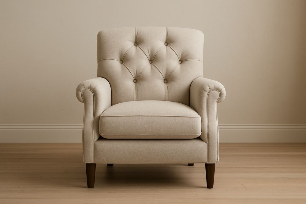 Poltrona in tessuto poliestere beige con gambe in legno