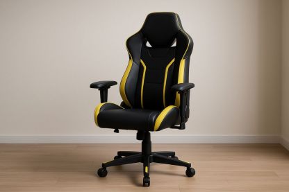 Sedia da ufficio in pelle PU e acciaio, colore nero/giallo.