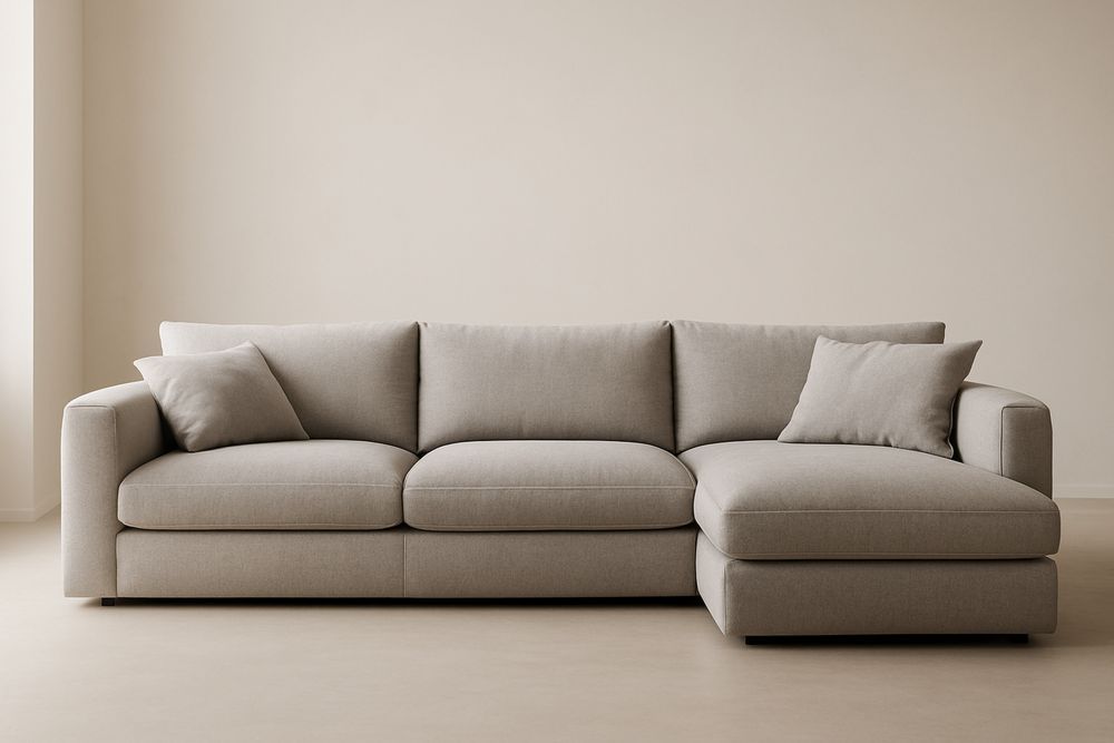 Divano angolare in tessuto poliestere beige con cuscini rimovibili