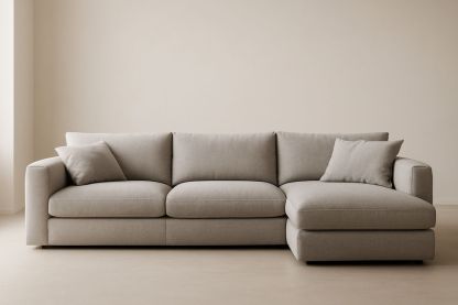 Divano angolare in tessuto poliestere beige con cuscini rimovibili