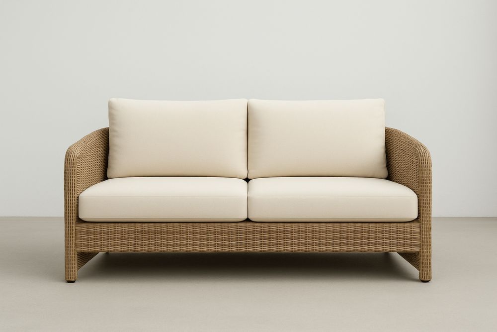 Divano 2 Posti Rattan Sintetico con Cuscini Crema