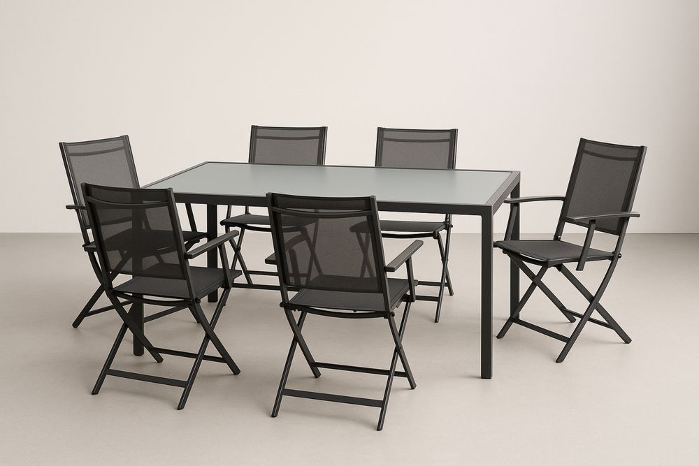 Set tavolo in vetro temperato e 6 sedie in alluminio nero