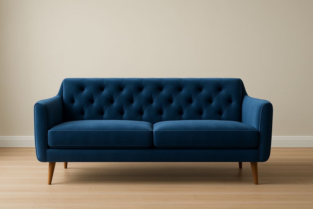 Divano due posti in velluto blu con gambe in legno