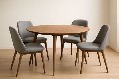 Set tavolo rotondo in legno e 4 sedie in tessuto grigio chiaro