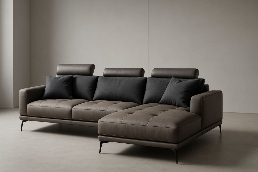 Divano angolare in pelle con poggiatesta regolabili 300x200x85 cm