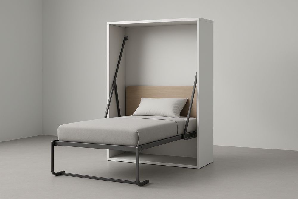 Letto a Scomparsa Singolo in Legno e Acciaio con Materasso Grigio