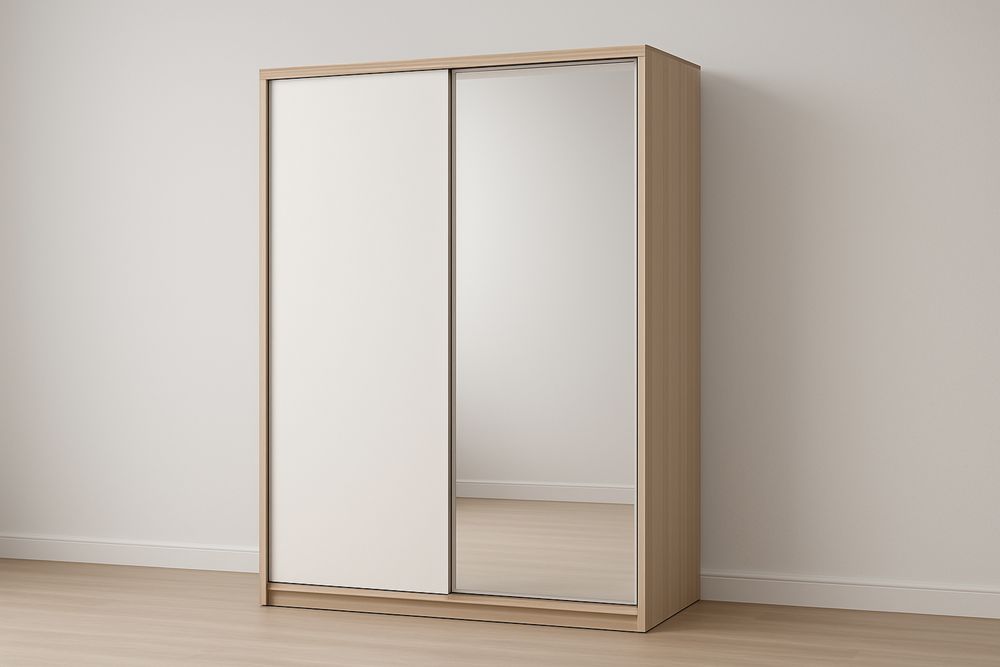 Armadio a ante scorrevoli in truciolare laminato con specchio, 200x150x60 cm, bianco quercia