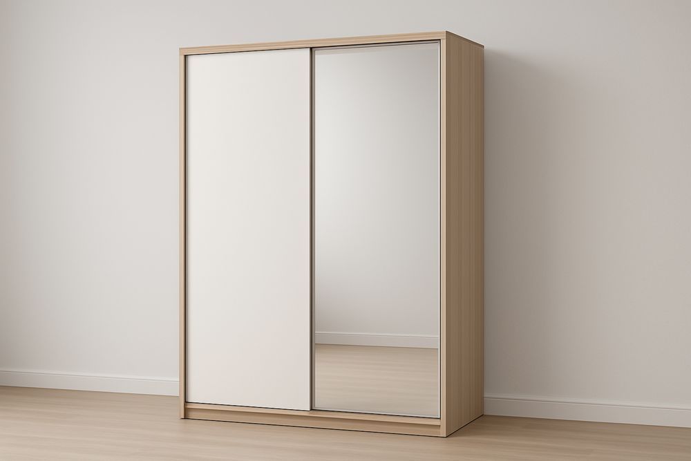 Armadio a ante scorrevoli in truciolare laminato con specchio, 200x150x60 cm, bianco quercia