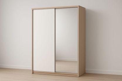 Armadio a ante scorrevoli in truciolare laminato con specchio, 200x150x60 cm, bianco quercia