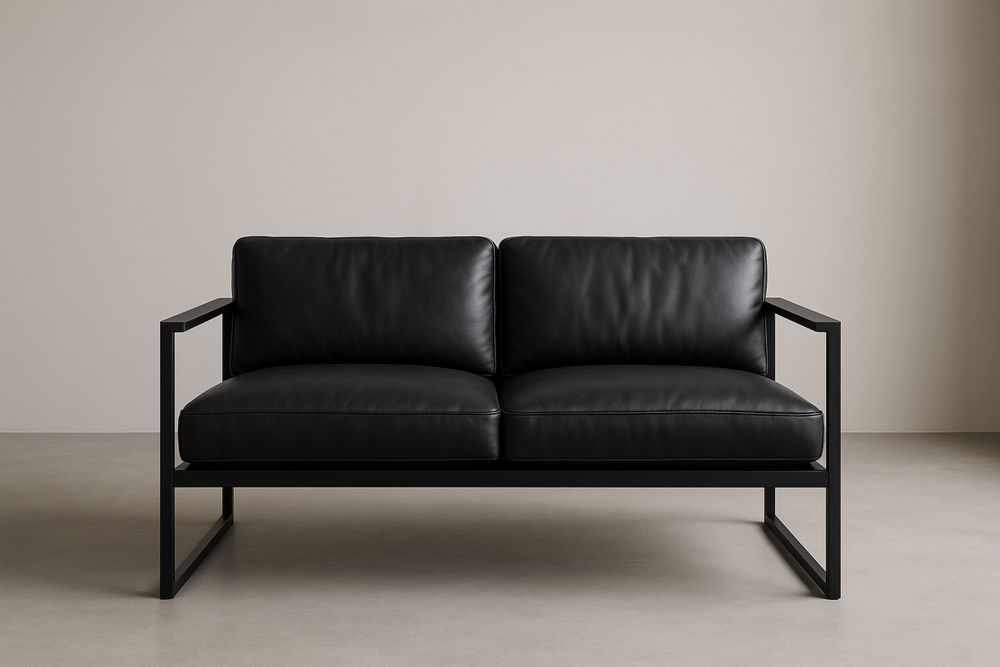 Divano a due posti in pelle con struttura in metallo, Nero