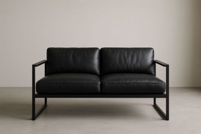 Divano a due posti in pelle con struttura in metallo, Nero