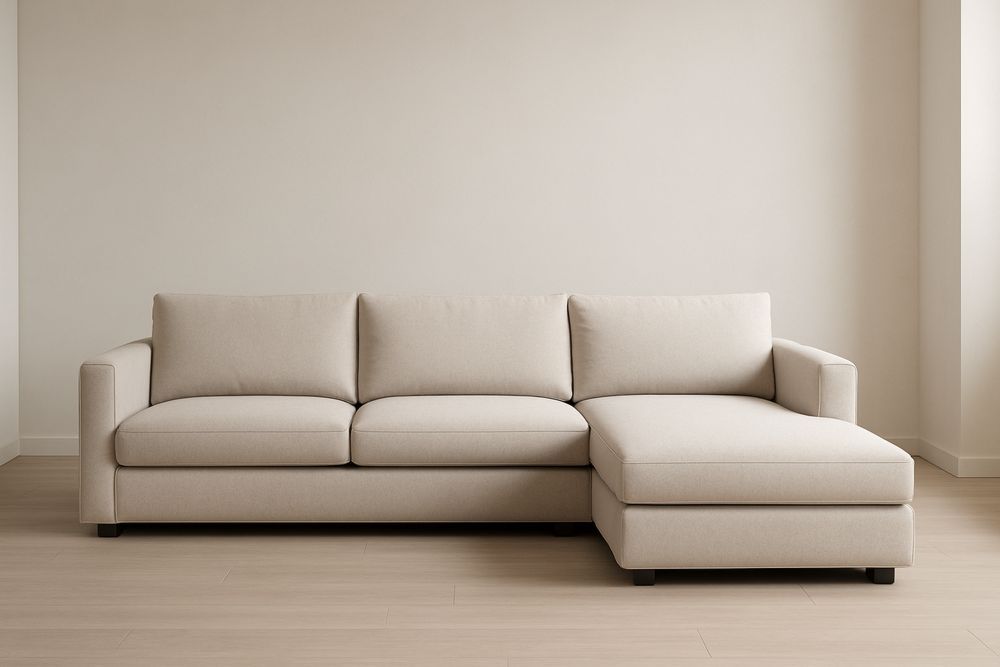 Divano angolare in tessuto beige con chaise longue