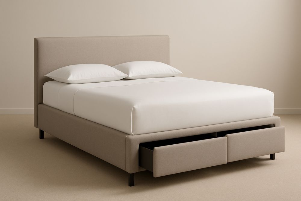 Letto matrimoniale imbottito con cassetti in tessuto beige