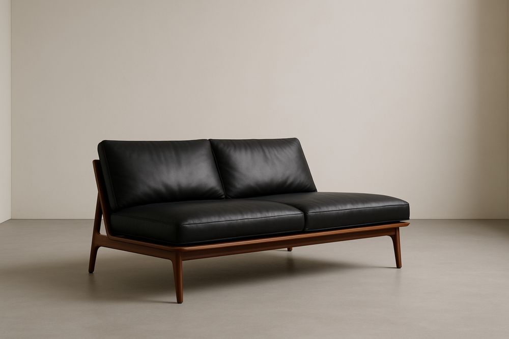 Divano a due posti in legno con rivestimento in pelle nera