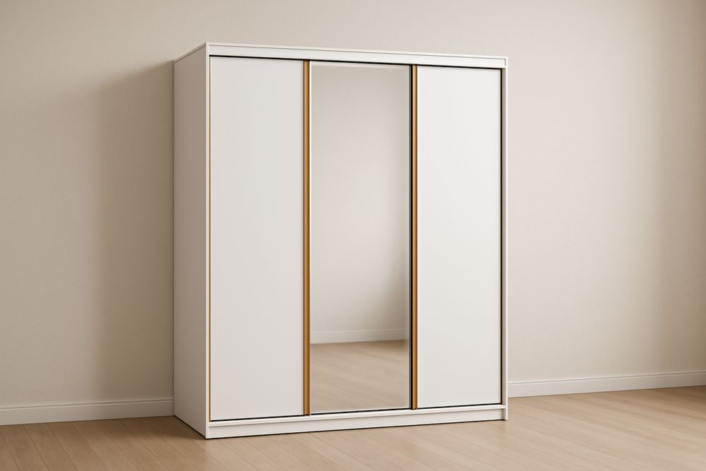 Armadio Scorrevole con Specchio in Legno MDF Bianco con Dettagli Dorati