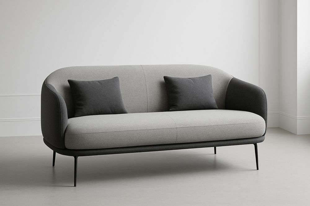 Divano due posti in tessuto poliestere grigio e nero con cuscini