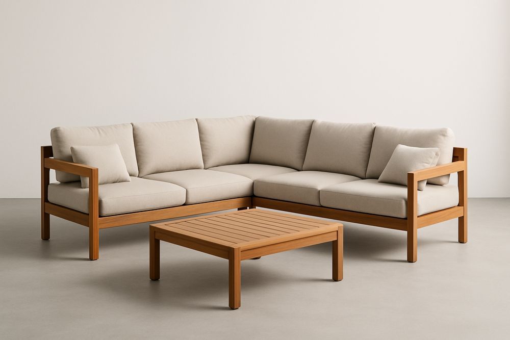 Divano angolare in teak con cuscini in poliestere beige e tavolino