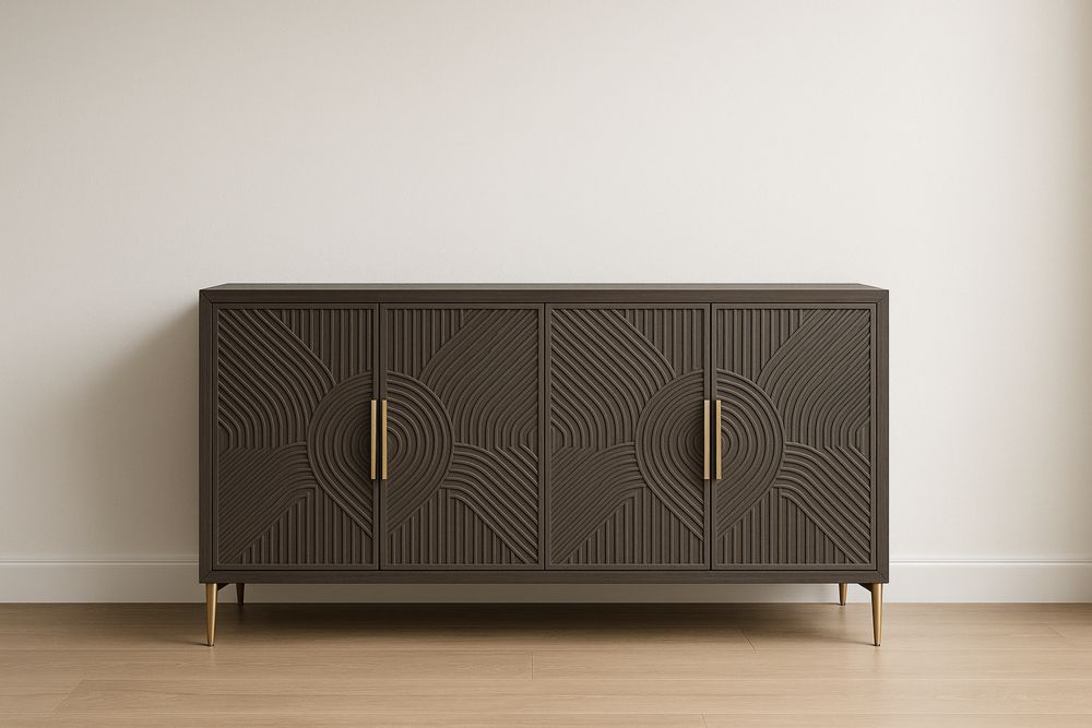 Credenza in legno intagliato con ante e maniglie in metallo dorato