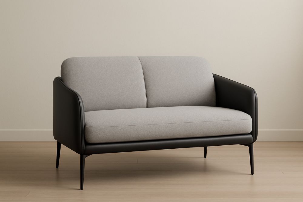 Divano due posti pelle sintetica nero e tessuto poliestere grigio 150×80×85cm