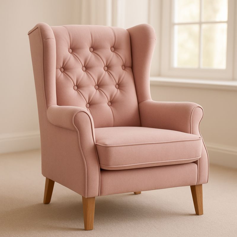 Poltrona Classica in Tessuto Rosa con Schienale Alto Imbottito e Gambe in Legno