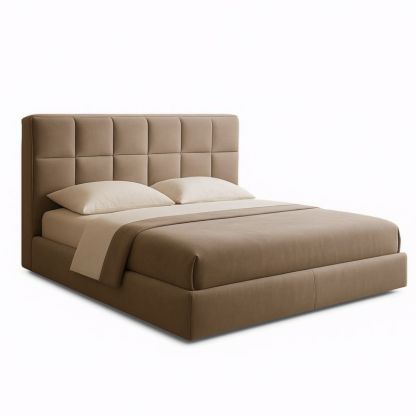 Letto imbottito in tessuto beige con testiera alta trapuntata