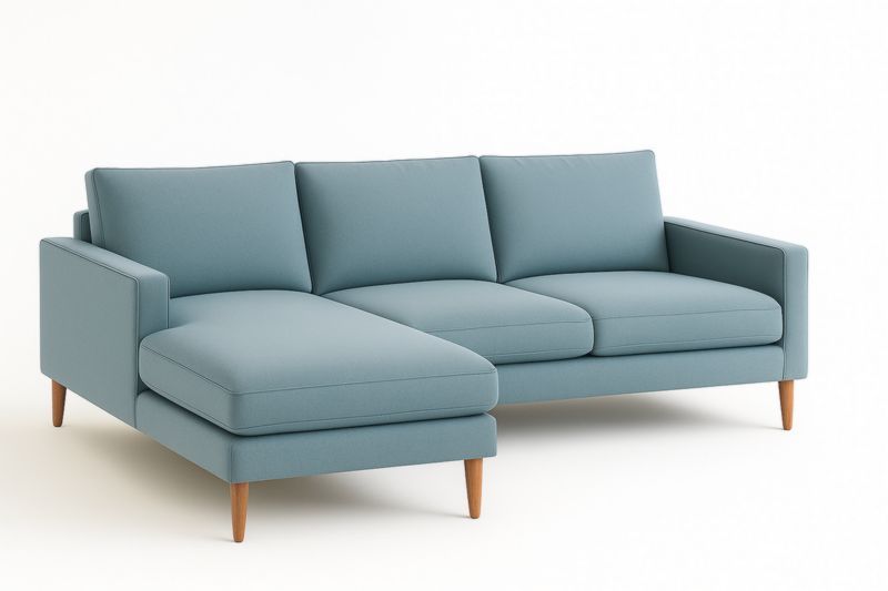 Divano angolare con rivestimento in tessuto di poliestere blu e gambe in legno