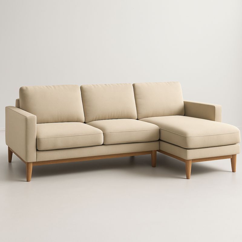 Divano angolare in tessuto beige con struttura in legno 260cm x 160cm x 85cm